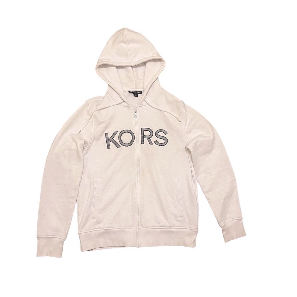 2017 Michael Kors White Zip Up Jacket With Sliver Stitch Letters Embroidered